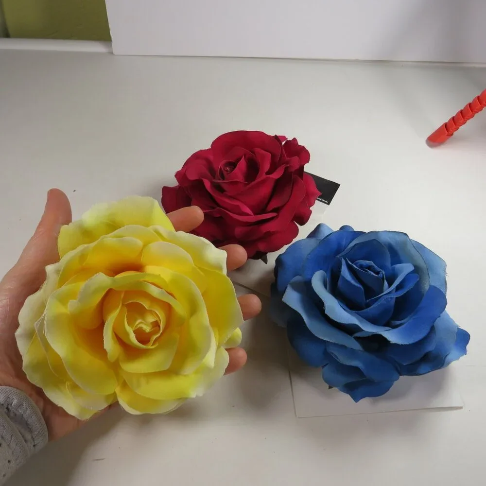Red, Blue, Yellow Roses with soft fabric petals (great for hats or fairy proj.)